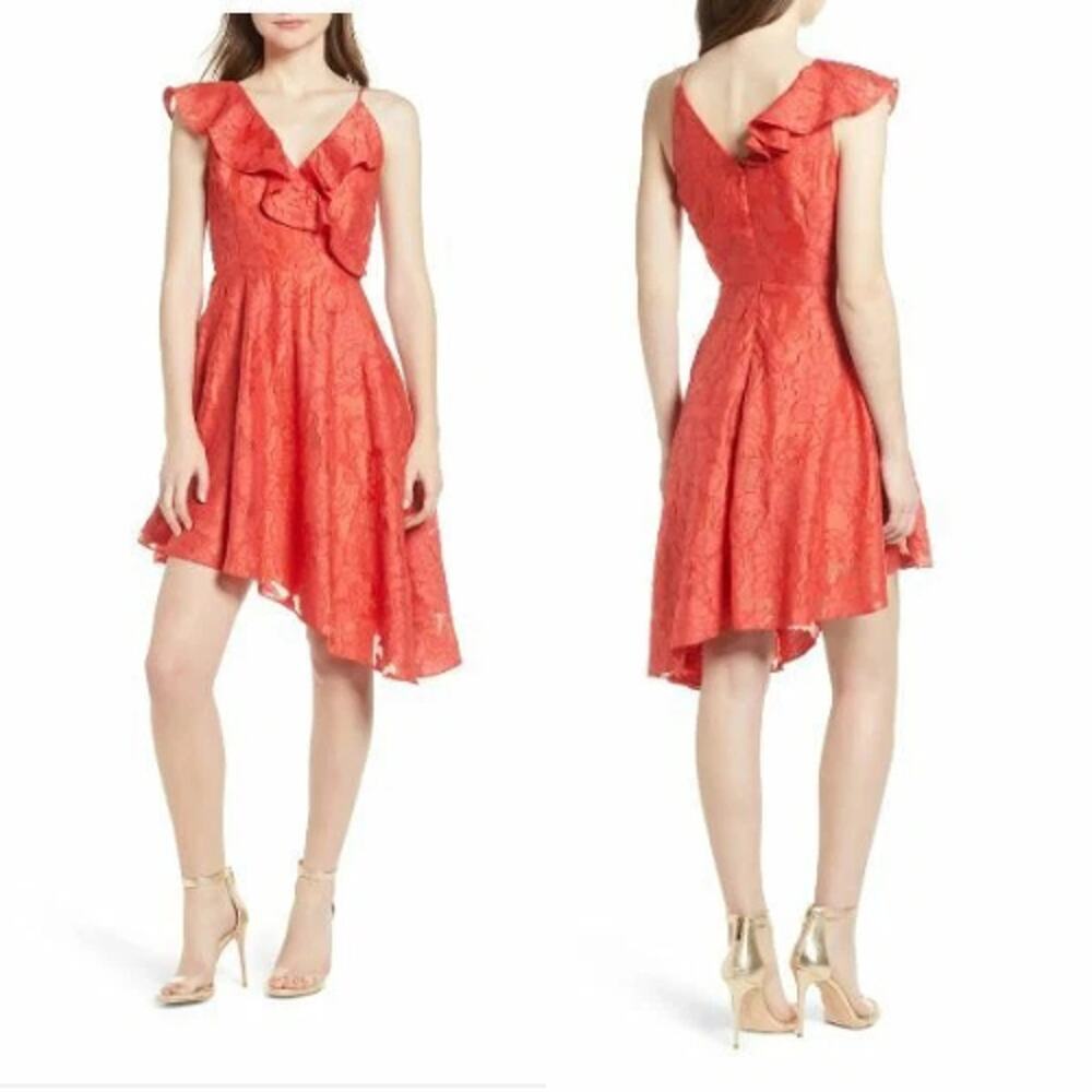Keepsake Radar Ruffle Asymmetric Cocktail Burnout Mini Dress Red Womens Medium